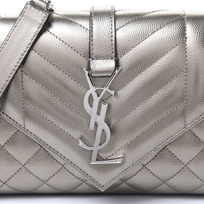 Saint Laurent Metallic Grain De Poudre Textured Mixed Matelasse Triquilt Small Monogram Satchel Piombo 8 of 8