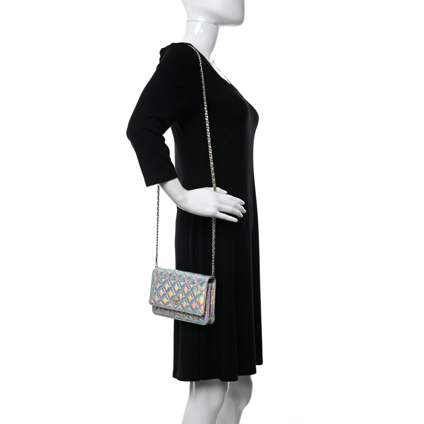 Iridescent Goatskin Quilted Wallet On Chain WOC Silver