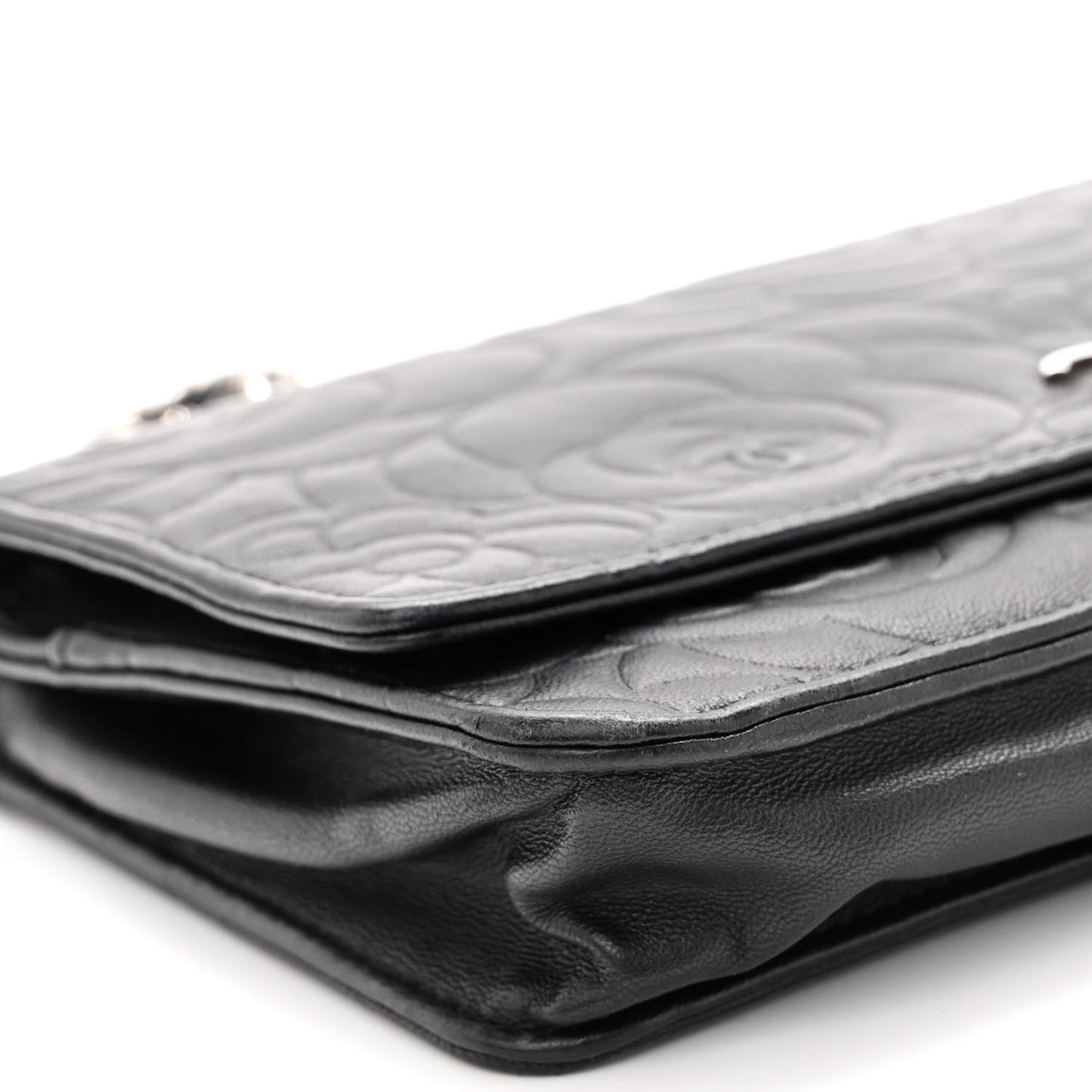 Lambskin Camellia Embossed Wallet on Chain WOC Black