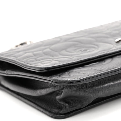Chanel Lambskin Camellia Embossed Wallet on Chain WOC Black 10 of 12