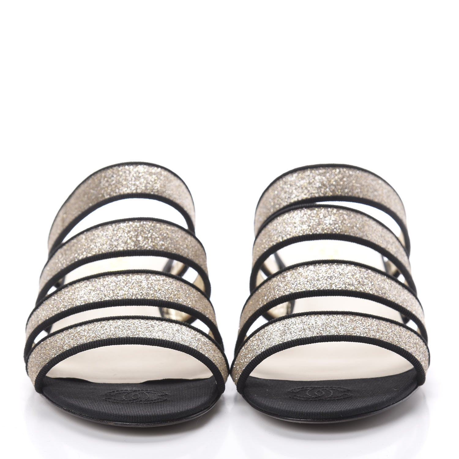 Chanel Sequin Grosgrain Logo Mules 37 Black Gold 3 of 10