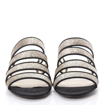 Chanel Sequin Grosgrain Logo Mules 37 Black Gold 3 of 10