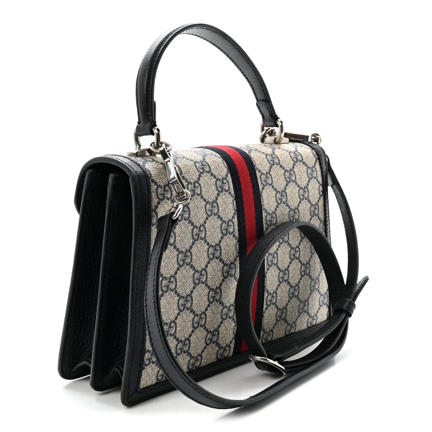 GG Supreme Monogram Textured Dollar Calfskin Web Small Ophidia Padlock Top Handle Bag Beige Blue