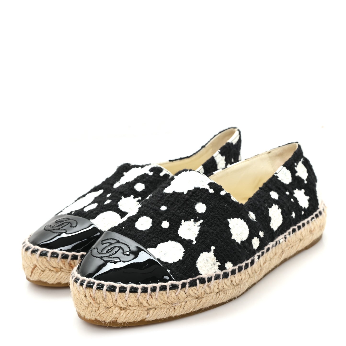 Patent Tweed Splatter Paint Print Cap Toe CC Espadrilles 36 Black White