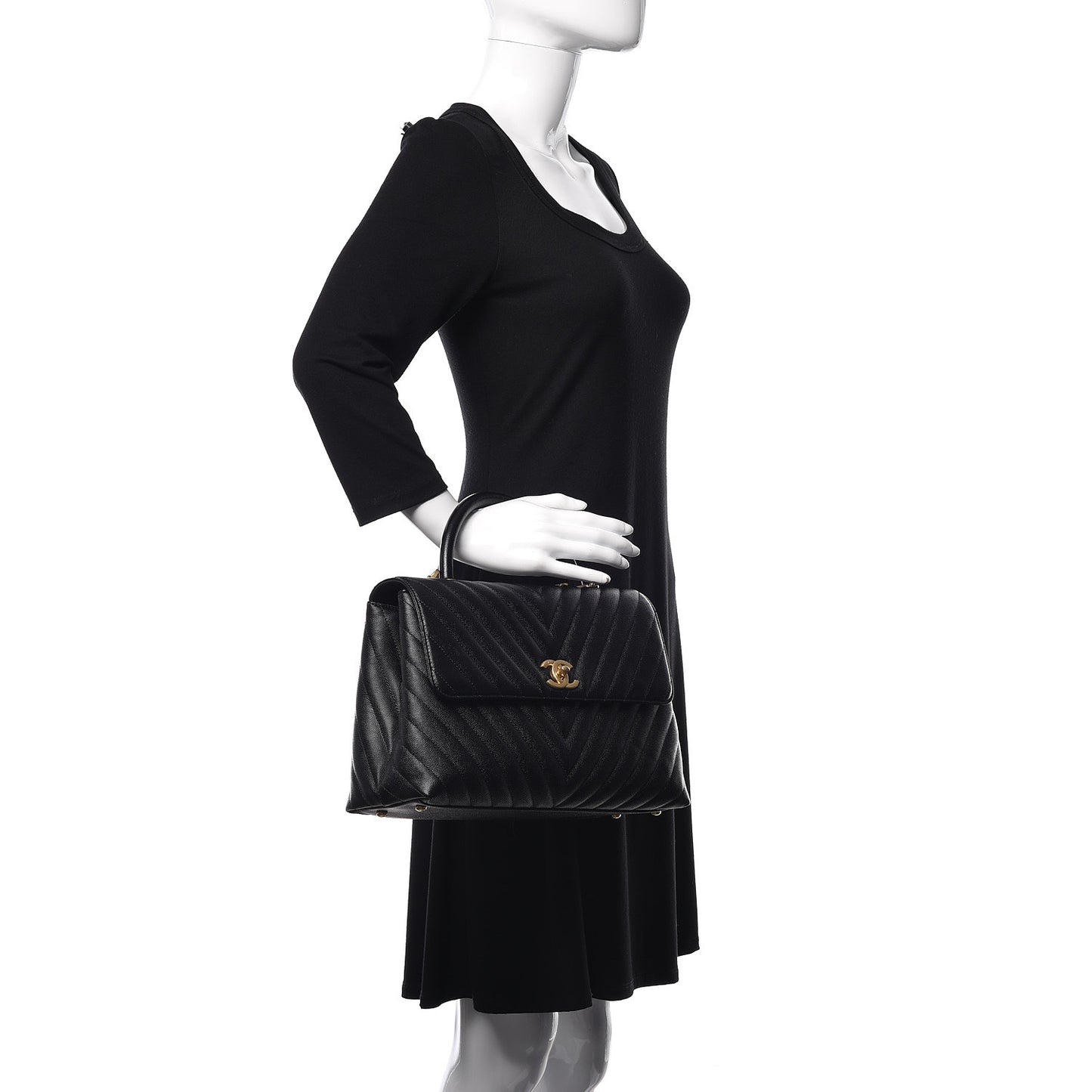 Caviar Chevron Quilted Medium Coco Handle Flap Black