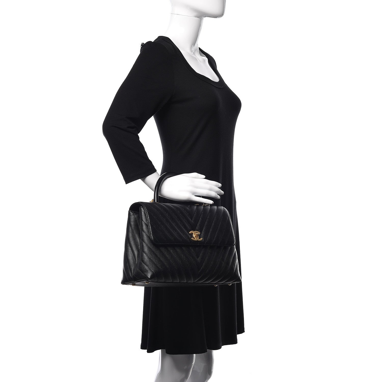 Chanel Caviar Chevron Quilted Medium Coco Handle Flap Black 2 of 11