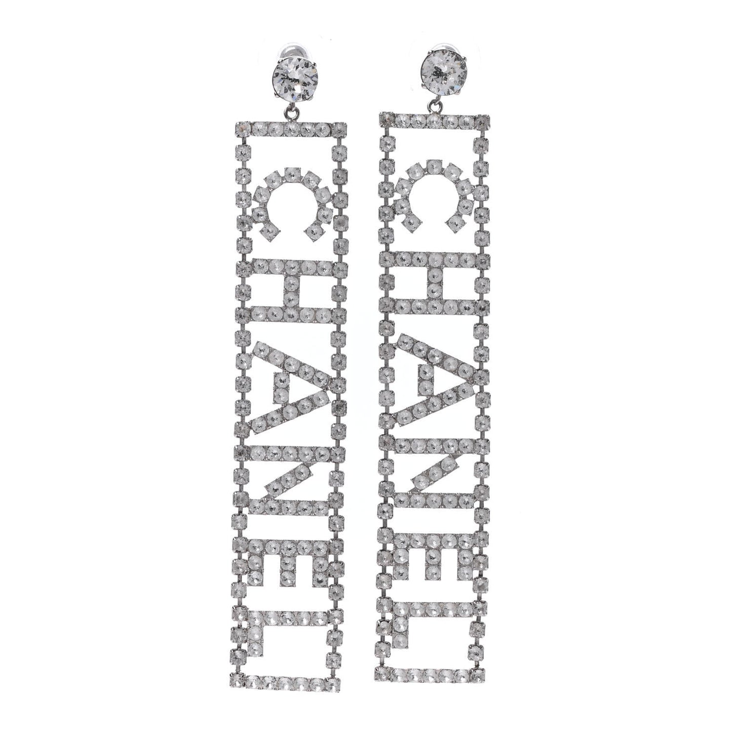 Crystal Chanel Logo Drop Earrings Silver