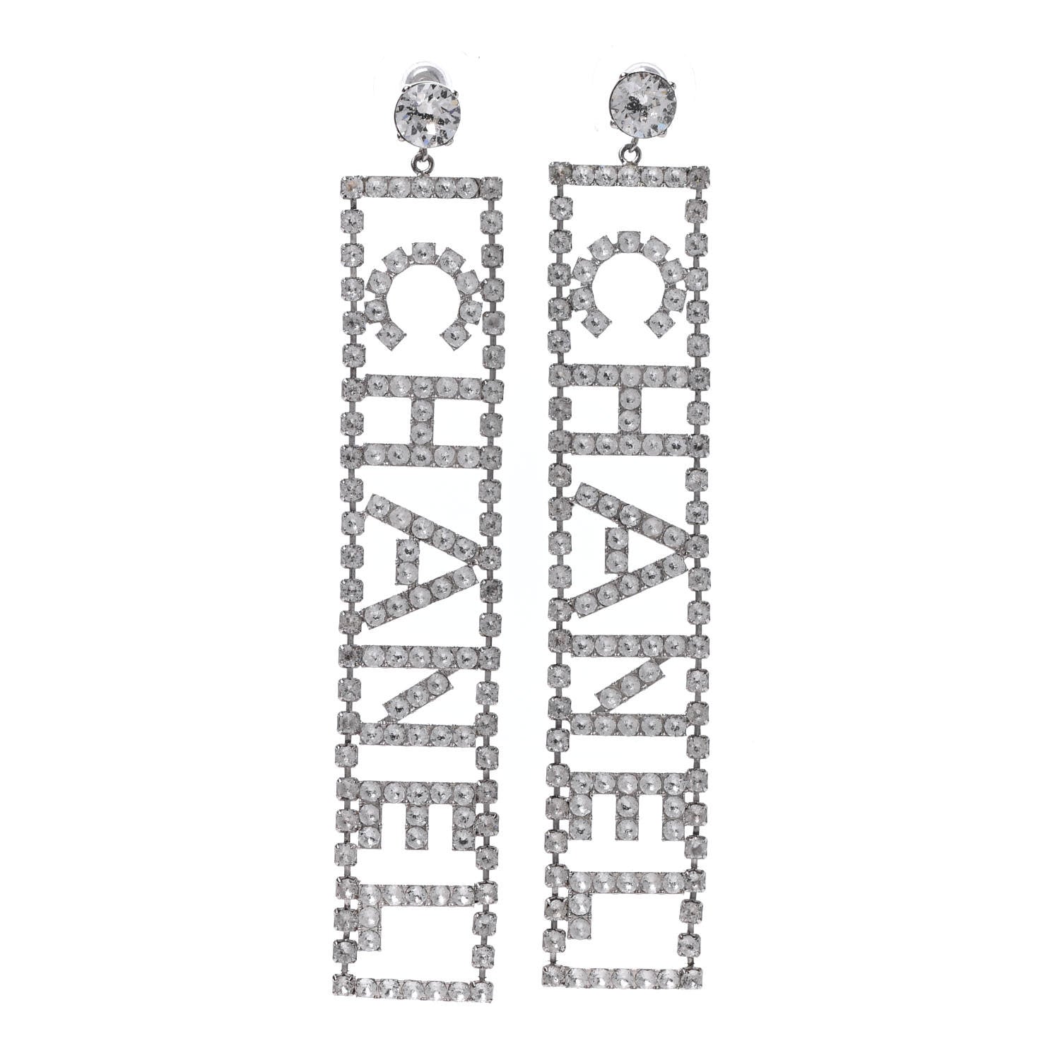Chanel Crystal Chanel Logo Drop Earrings Silver 1 of 3