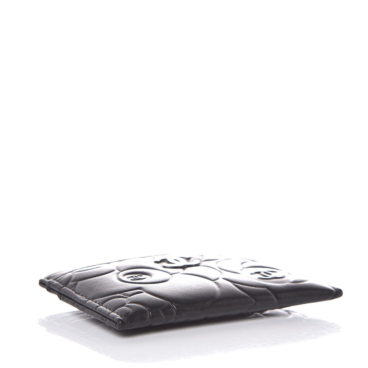 Lambskin Camellia Embossed Card Holder Black