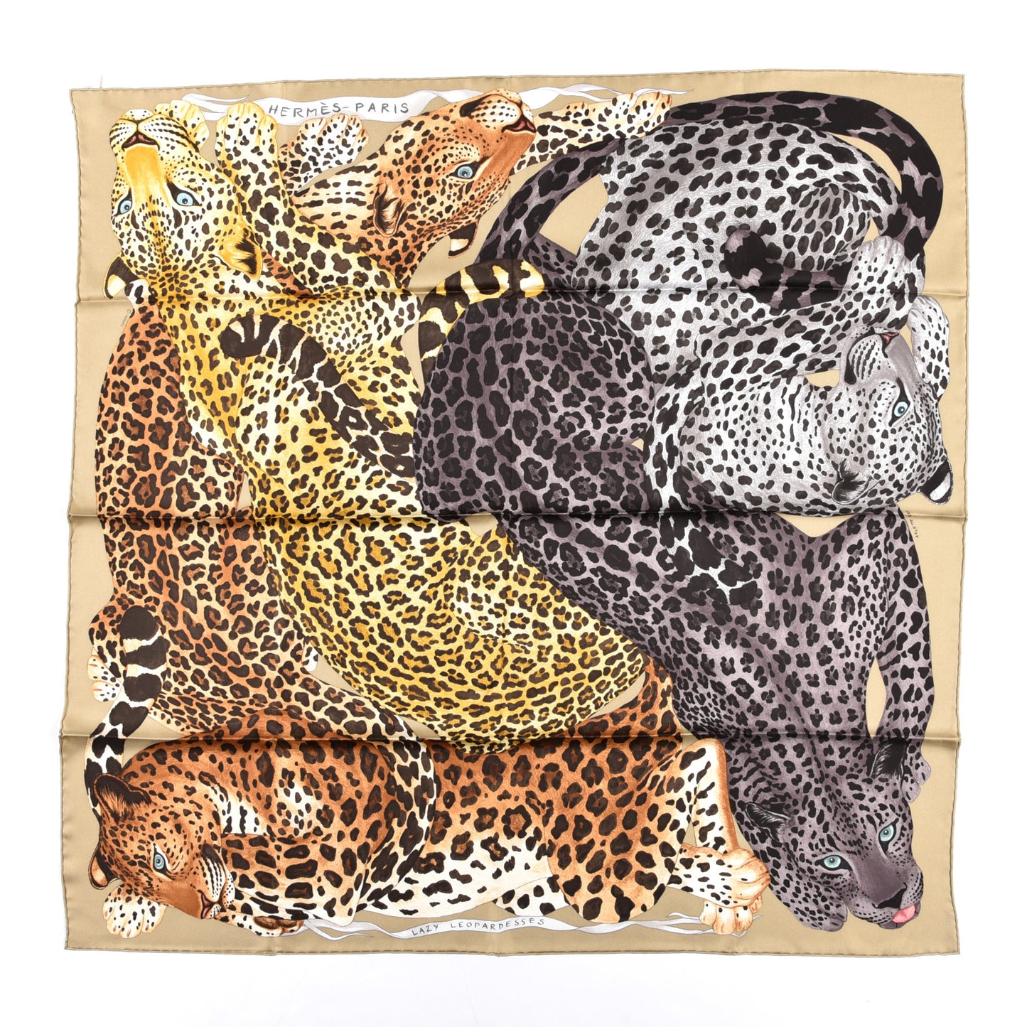 Silk Twill Lazy Leopardesses Scarf 90 Camel Anthracite