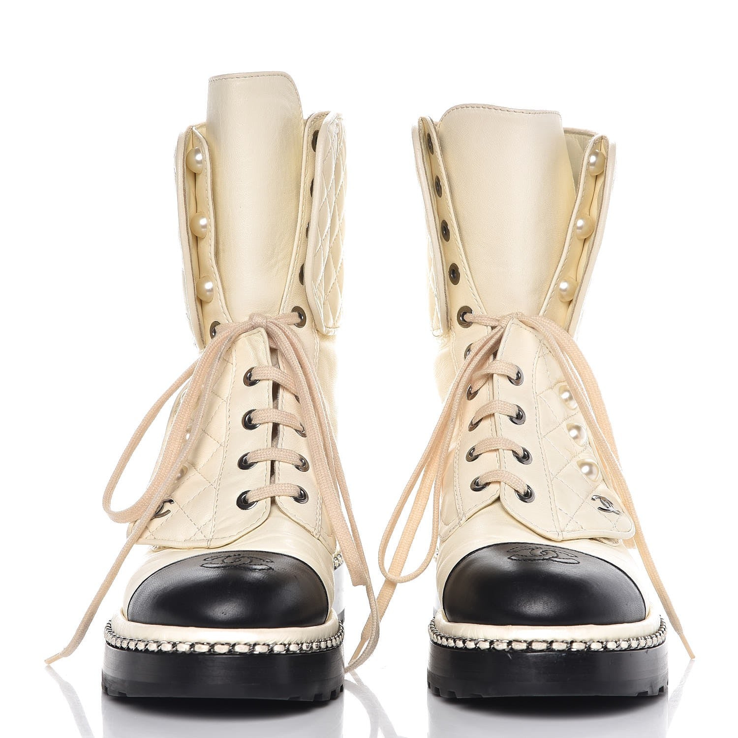 Chanel Lambskin Pearl Chain CC Combat Boots 37 Ivory Black 3 of 13