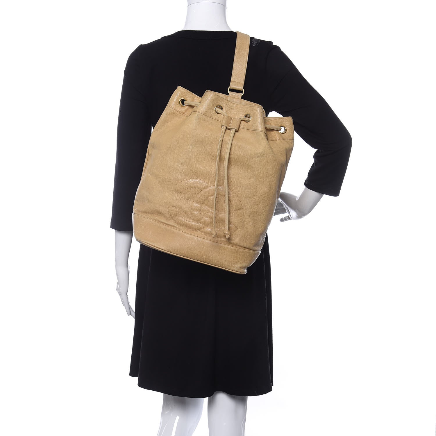 Chanel Caviar Drawstring Sling Backpack Beige 2 of 16