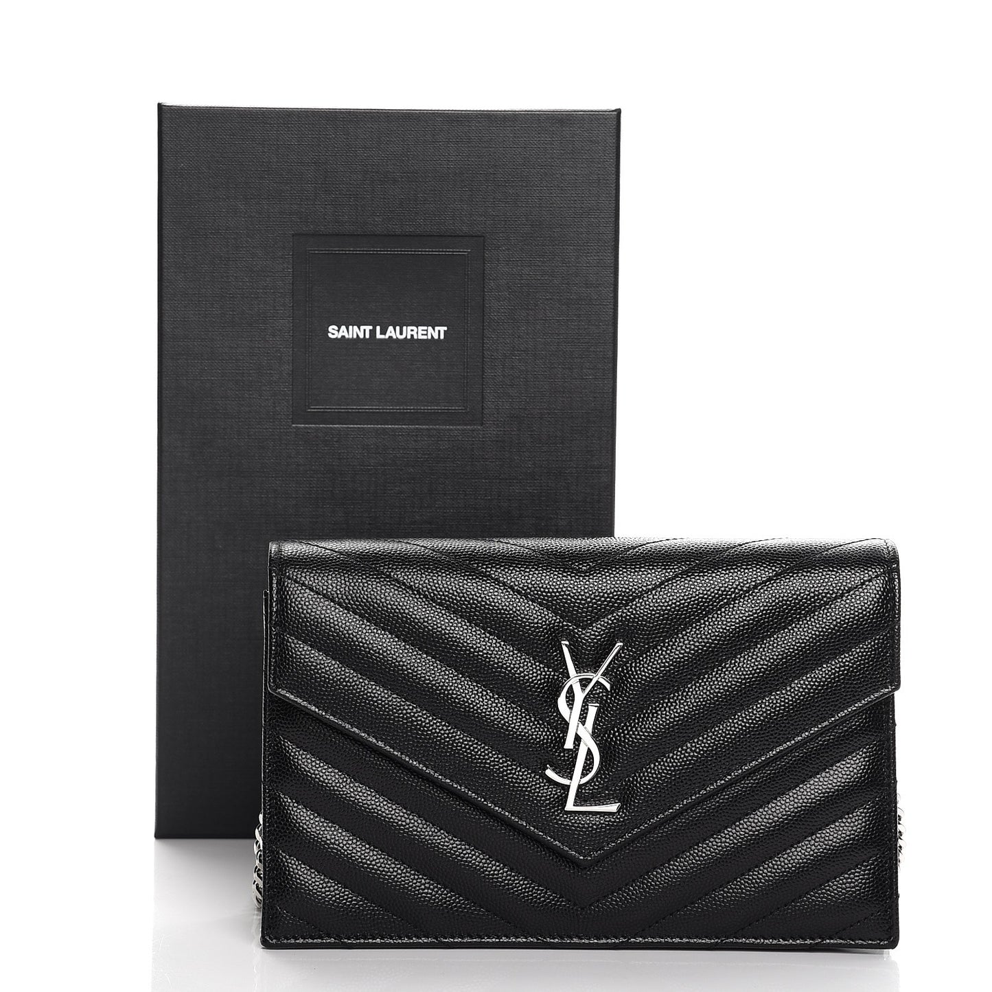 Grain De Poudre Matelasse Chevron Monogram Envelope Chain Wallet Black