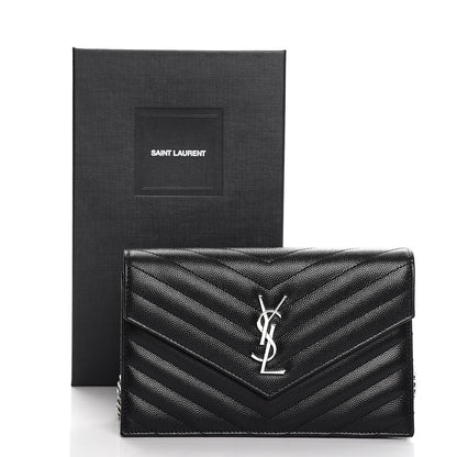 Saint Laurent Grain De Poudre Matelasse Chevron Monogram Envelope Chain Wallet Black 8 of 8