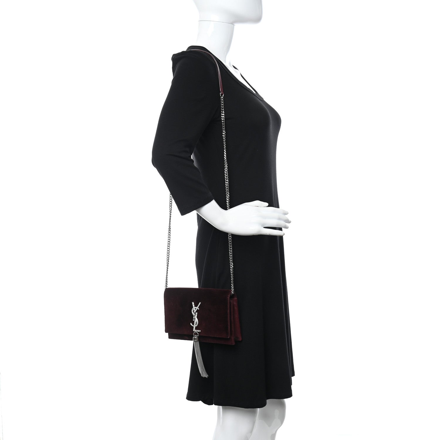 Saint Laurent Velvet Crystal Monogram Kate Tassel Shoulder Bag Burgundy 2 of 13