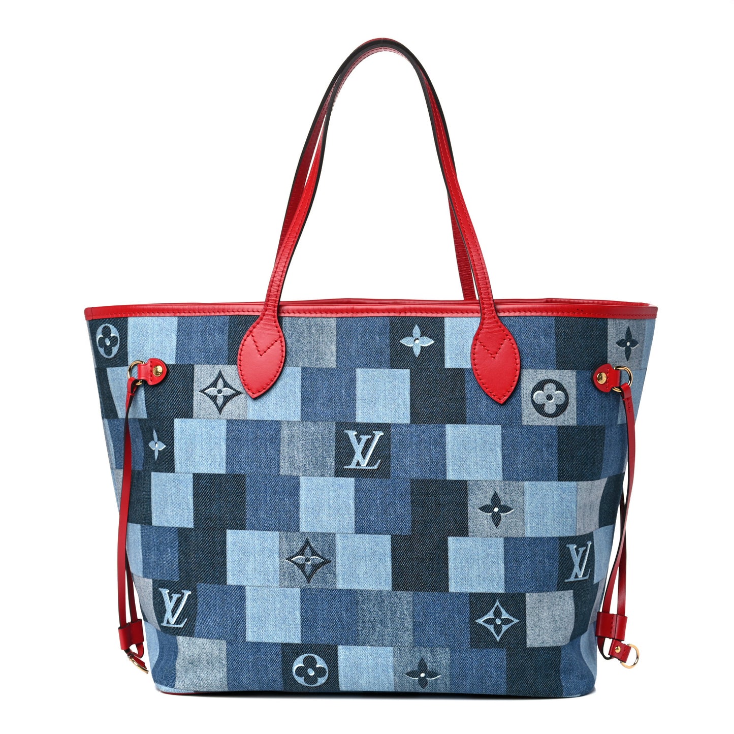 Denim Damier Monogram Patchwork Neverfull Blue Rouge
