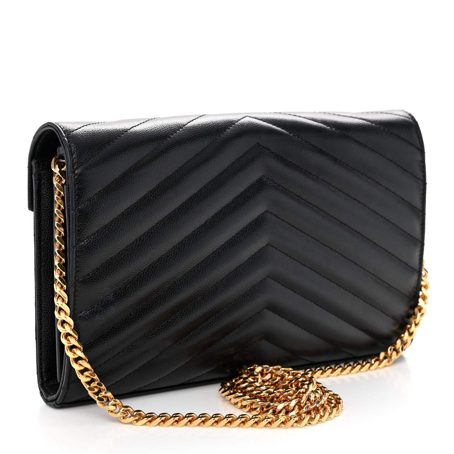 Saint Laurent Grain De Poudre Matelasse Chevron Monogram Chain Wallet Black 2 of 11