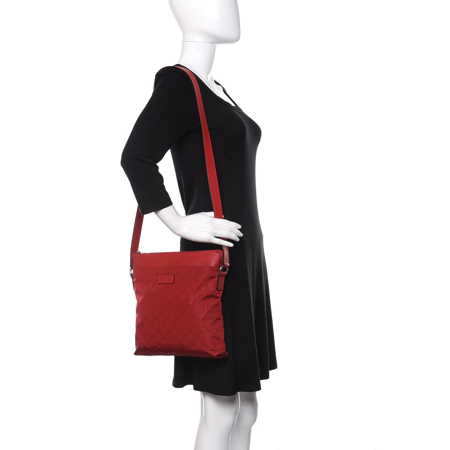 Gucci Nylon Monogram Dollar Calfskin Flat Messenger Bag Vibrant Red 2 of 10