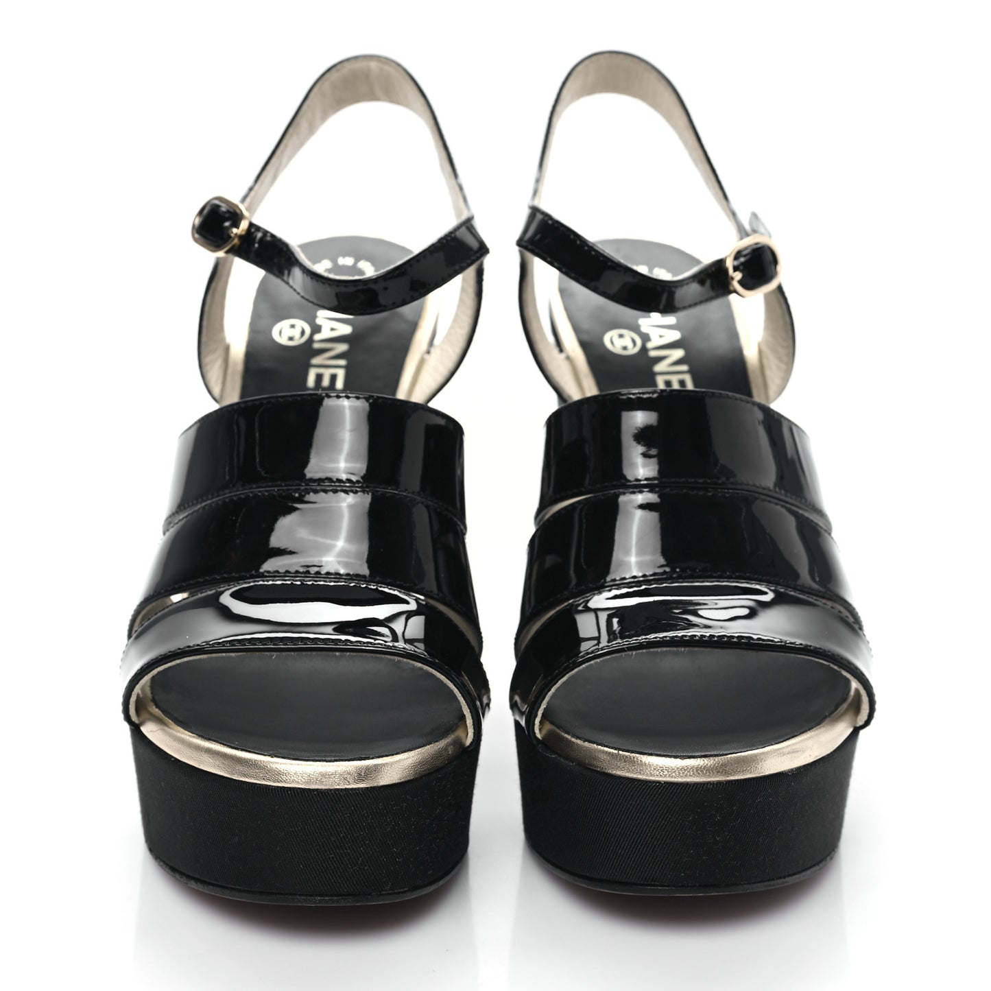 Patent Calfskin Grosgrain Pearl CC Wedge Sandals 38.5 Black