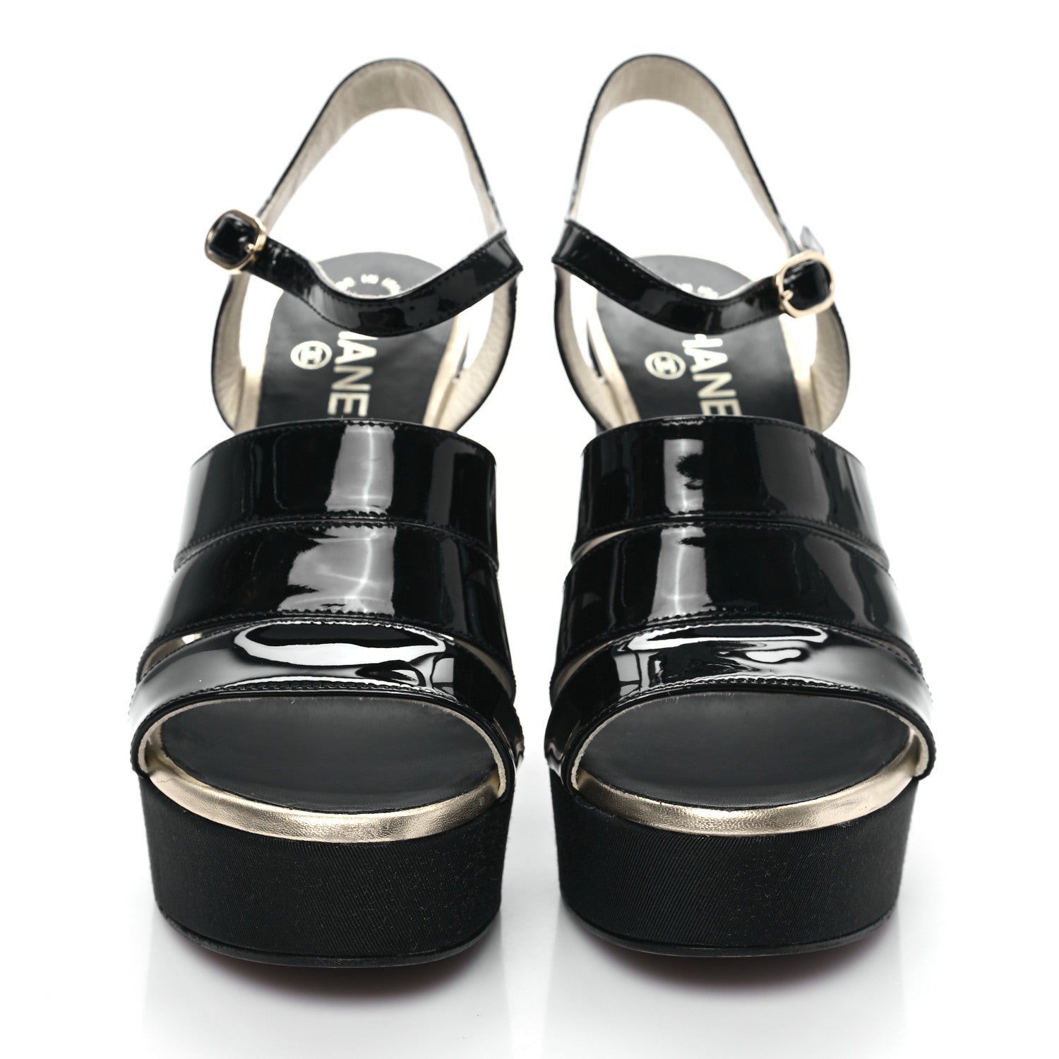 Chanel Patent Calfskin Grosgrain Pearl CC Wedge Sandals 38.5 Black 2 of 10