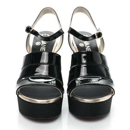 Chanel Patent Calfskin Grosgrain Pearl CC Wedge Sandals 38.5 Black 2 of 10