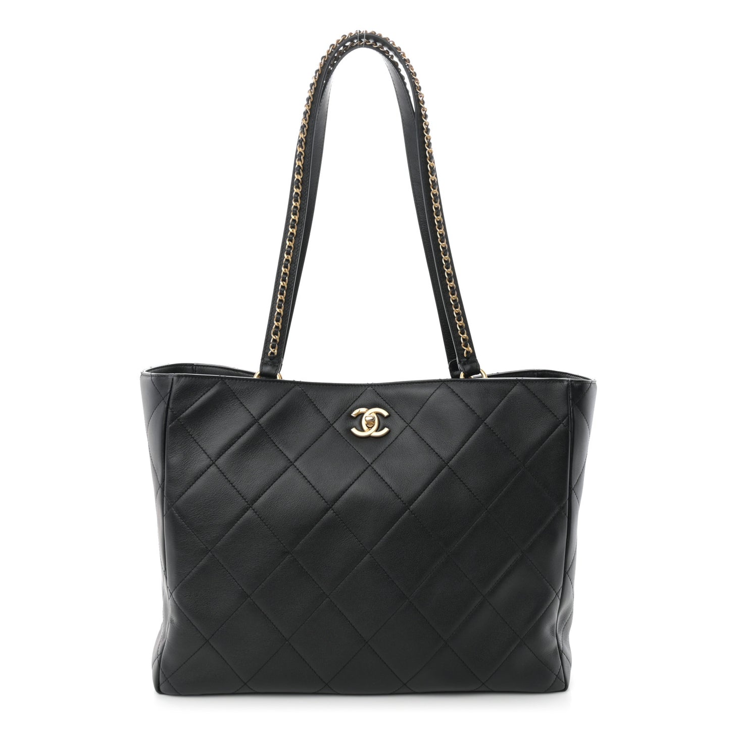 Calfskin Quilted Book Pocket Shopping Tote Black