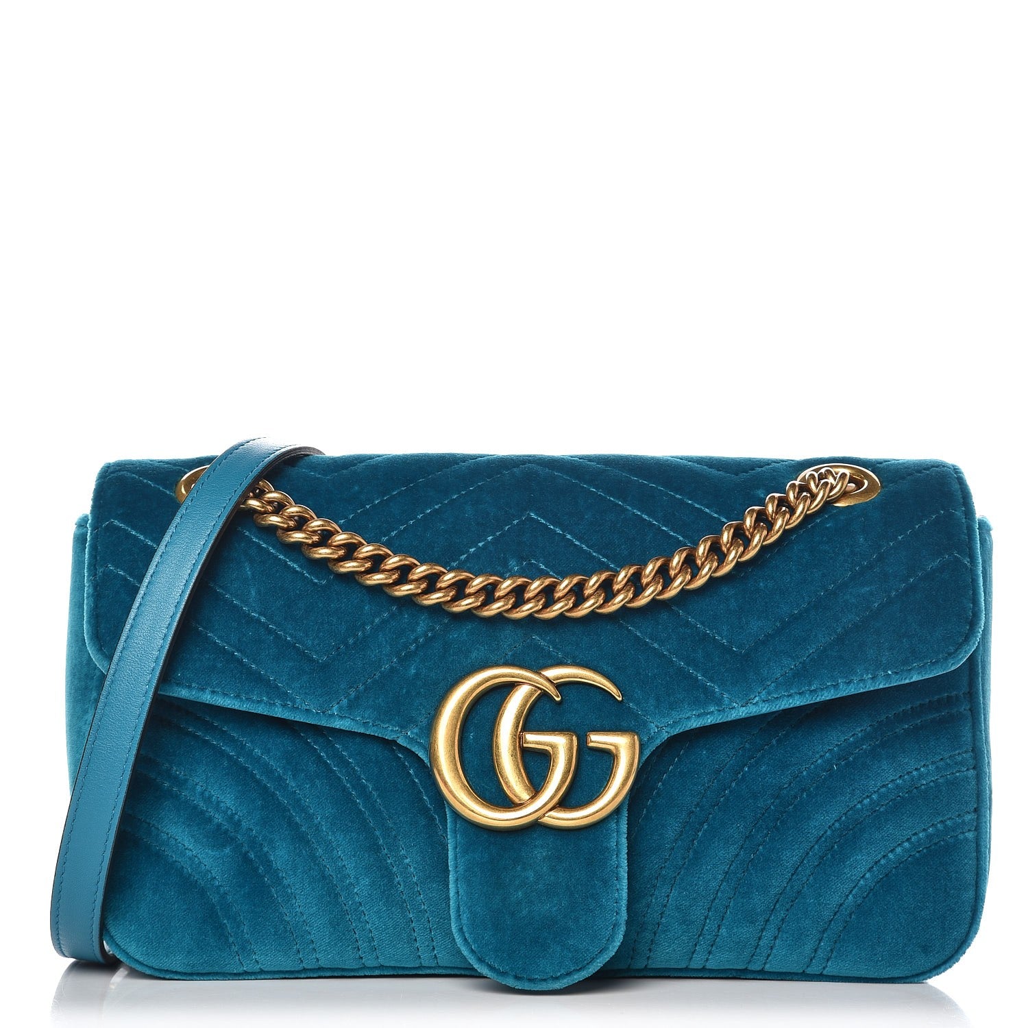 Gucci Velvet Matelasse Small GG Marmont Shoulder Bag Pavone Cyan 1 of 8