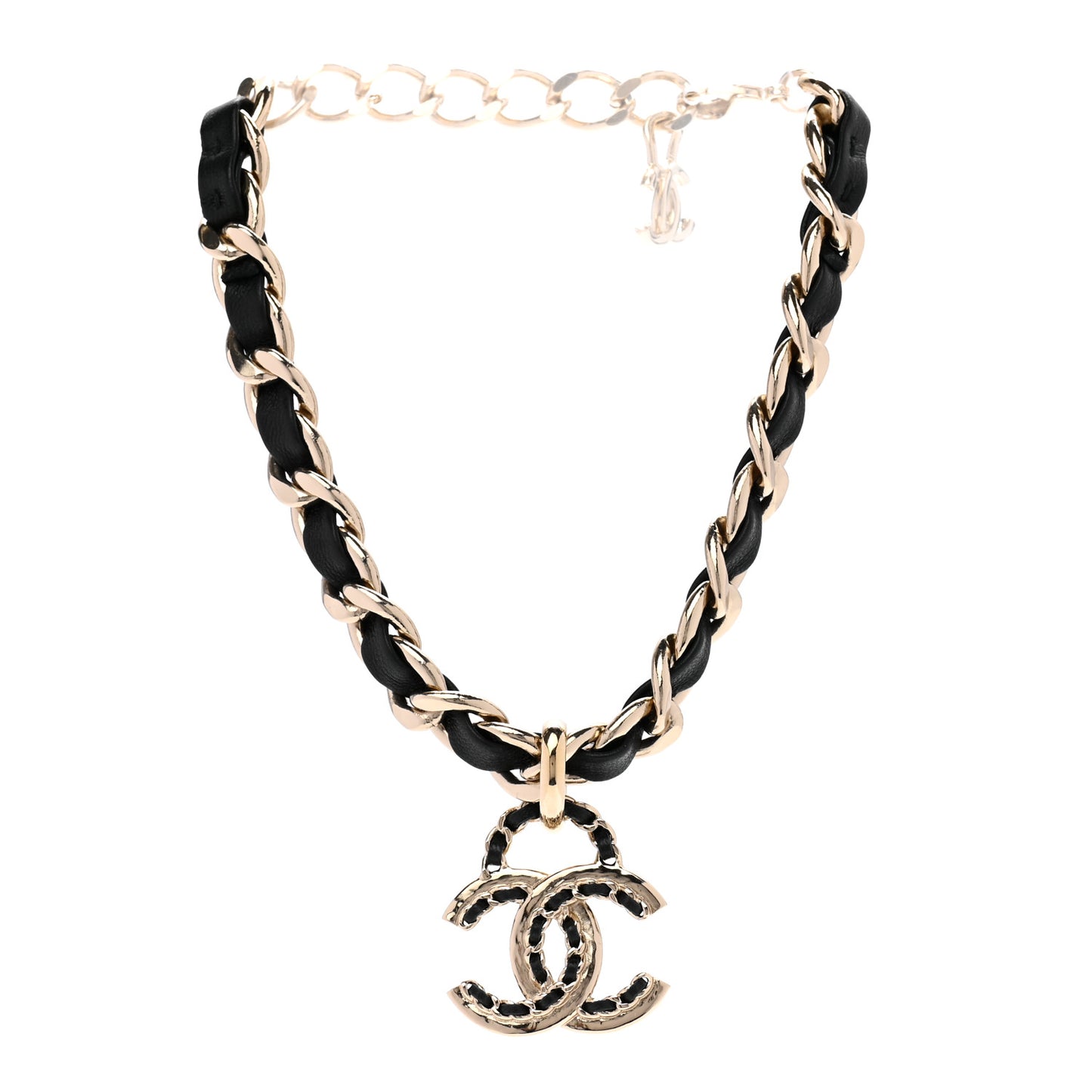 Metal Lambskin Chain CC Choker Necklace Black Gold