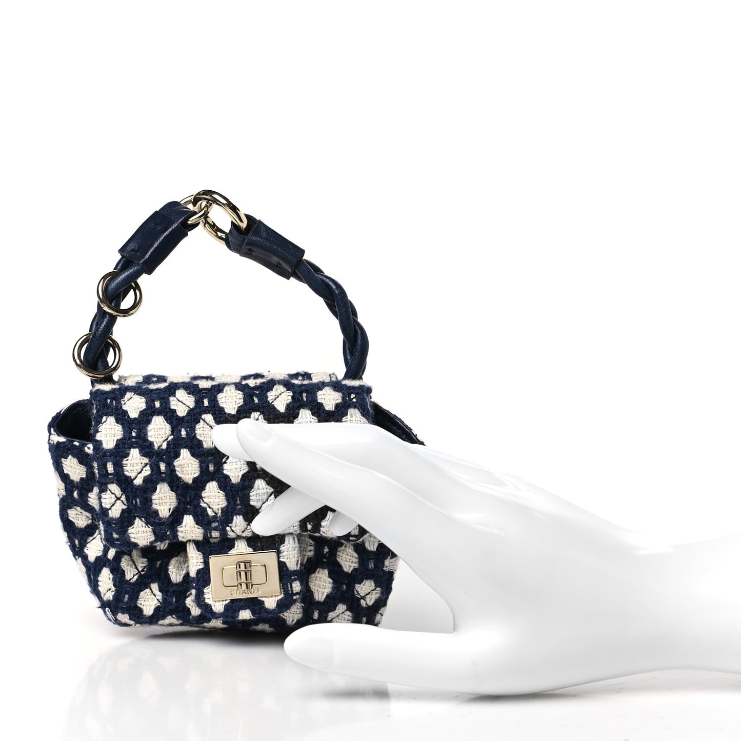 Tweed Quilted 2.55 Ankle Wrist Bag Navy Blue White