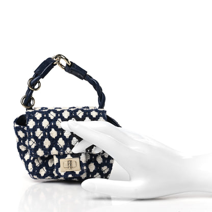 Chanel Tweed Quilted 2.55 Ankle Wrist Bag Navy Blue White 2 of 9