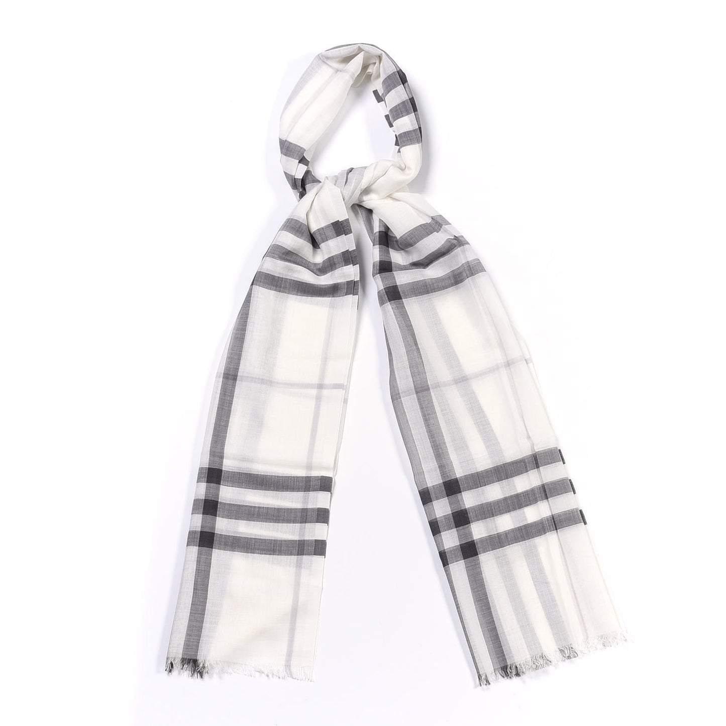 Wool Silk Gauze Giant Check Lightweight Scarf White Light Grey