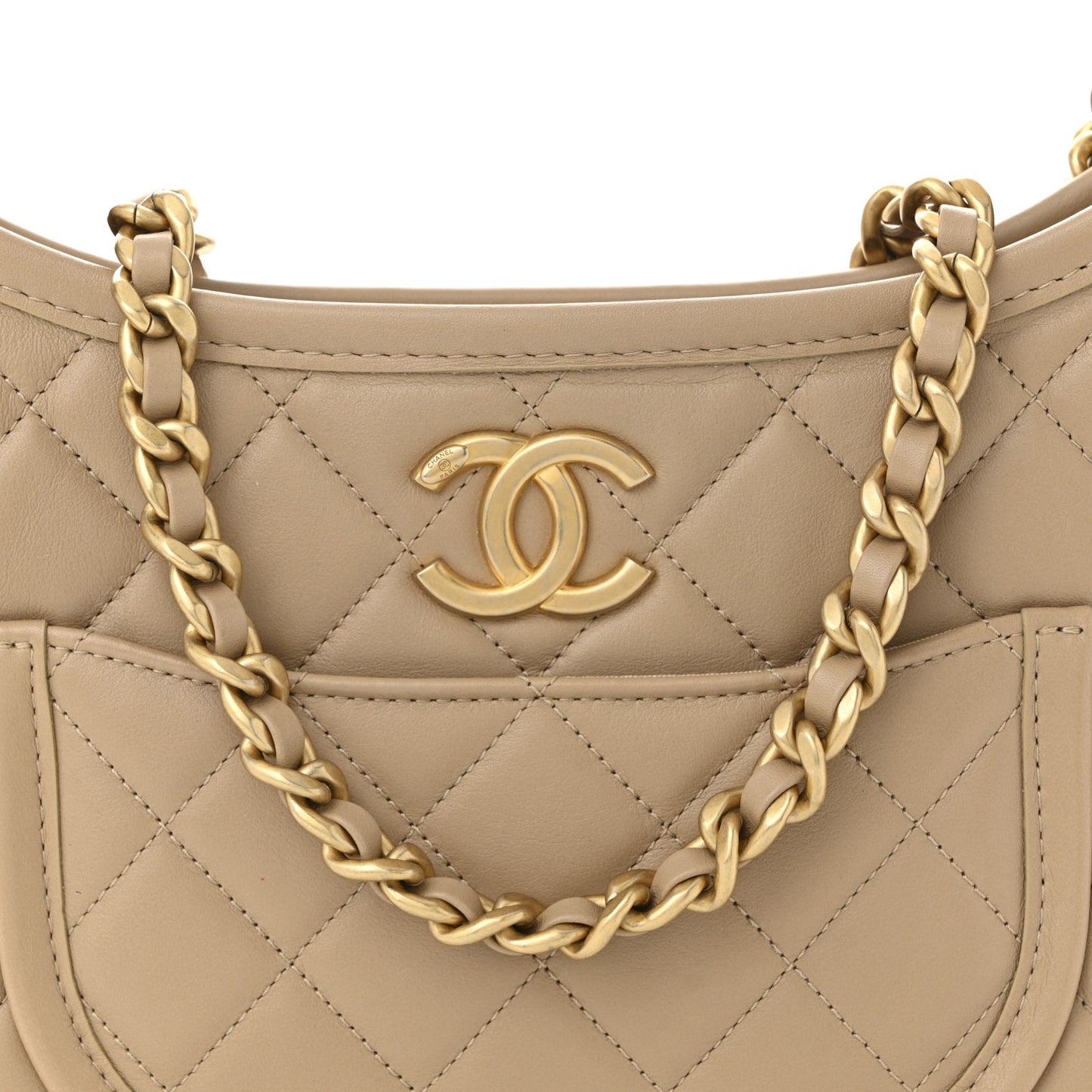 Calfskin Quilted CC Hobo Handbag Beige