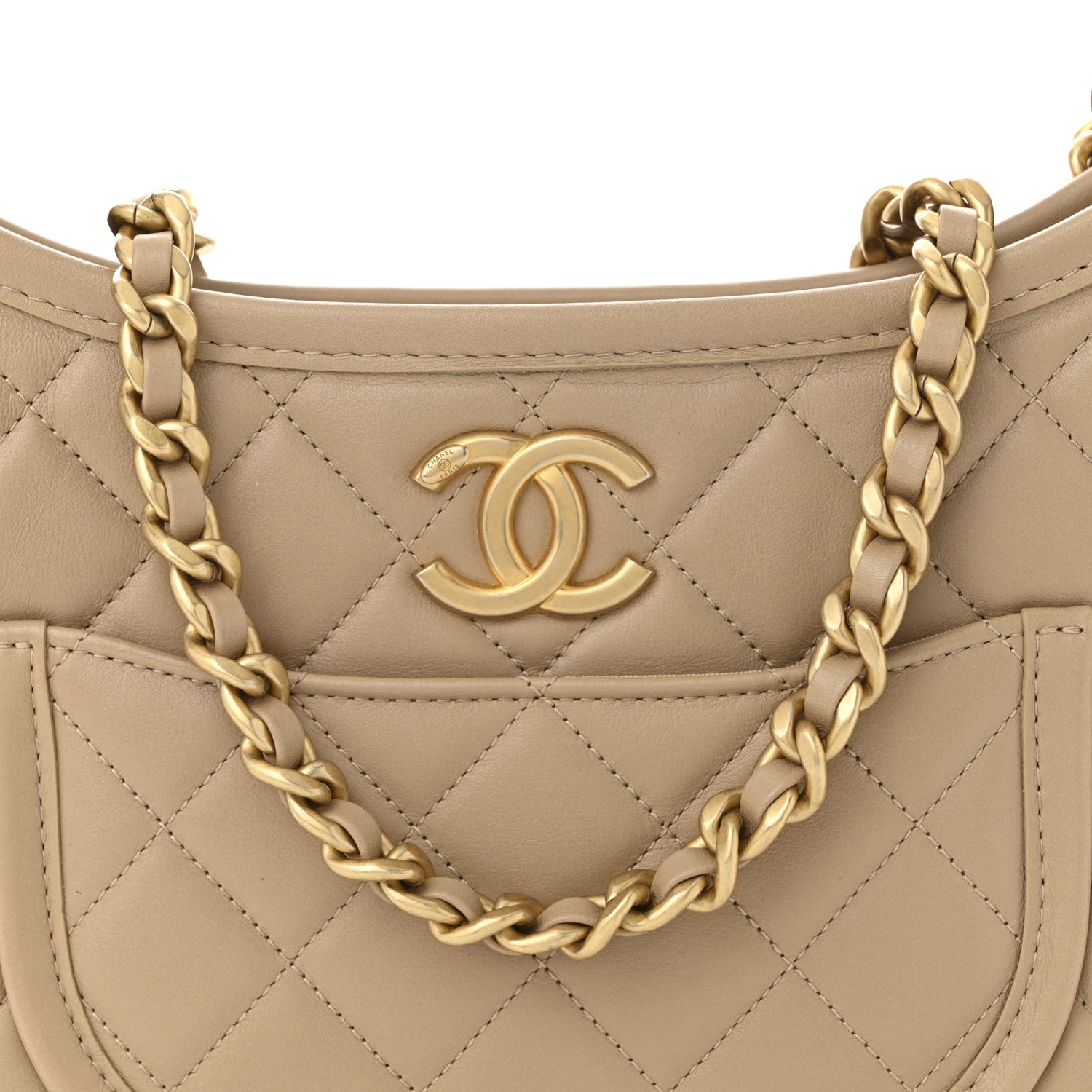 Chanel Calfskin Quilted CC Hobo Handbag Beige 8 of 11