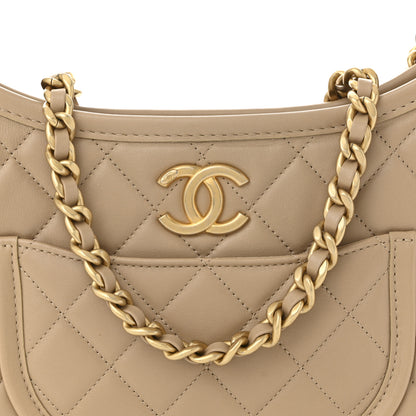 Chanel Calfskin Quilted CC Hobo Handbag Beige 8 of 11