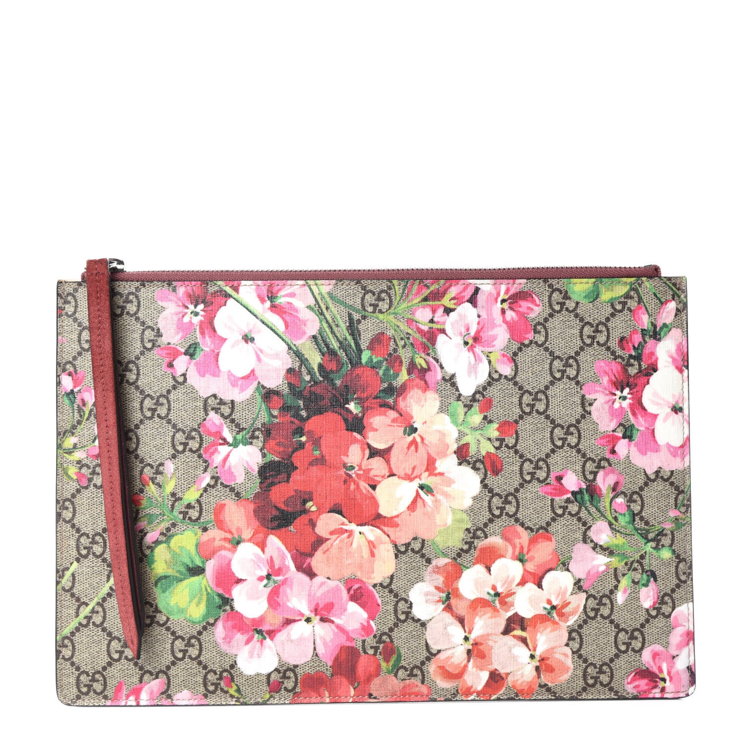 Gucci GG Supreme Monogram Blooms Suede Large Zip Pouch Beige Multicolor Dry Rose 1 of 9