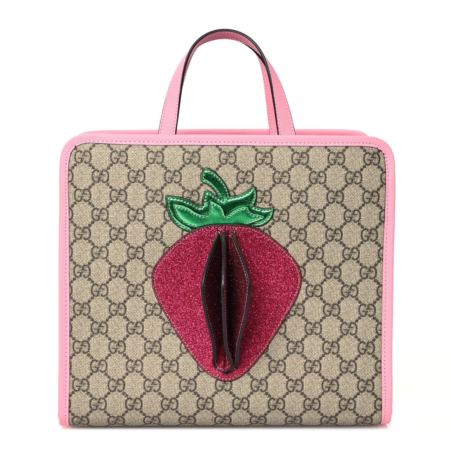 Gucci GG Supreme Monogram 3-D Strawberry Childrens Tote Beige Ebony Lotus Pink Fuxia Emerald 1 of 10