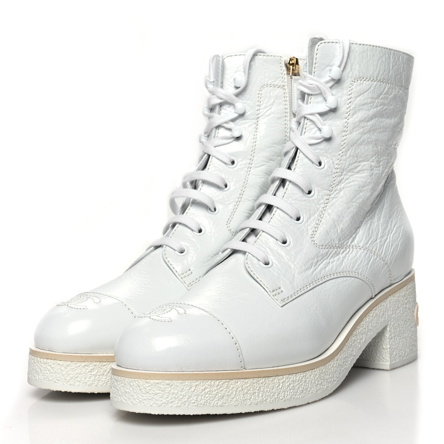 Shiny Crumpled Lambskin Lace Up Combat Boots 41 White