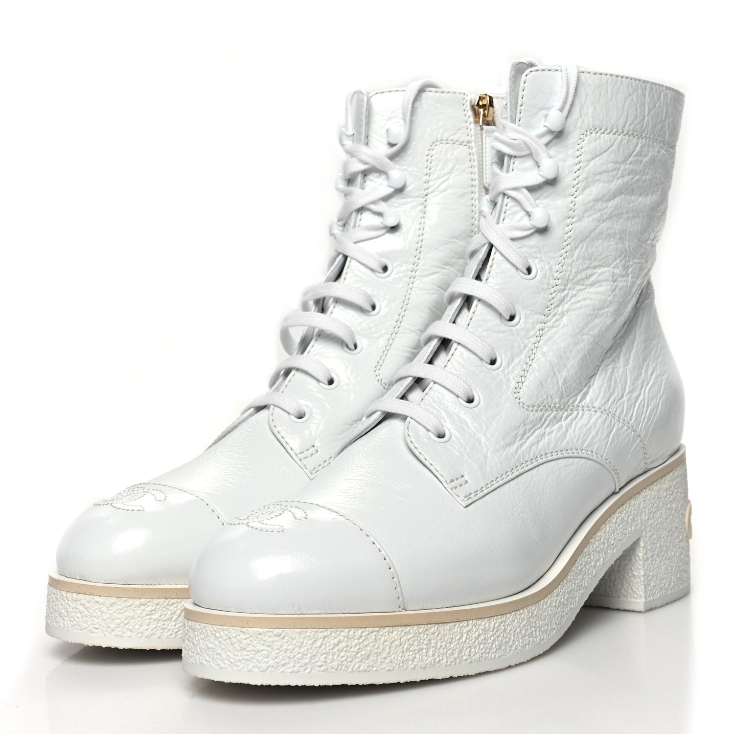Chanel Shiny Crumpled Lambskin Lace Up Combat Boots 41 White 3 of 8