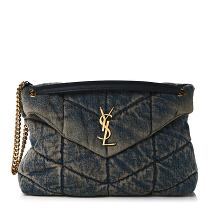 Saint Laurent Denim Quilted Medium Loulou Puffer Monogram Chain Satchel Blue Black 1 of 10