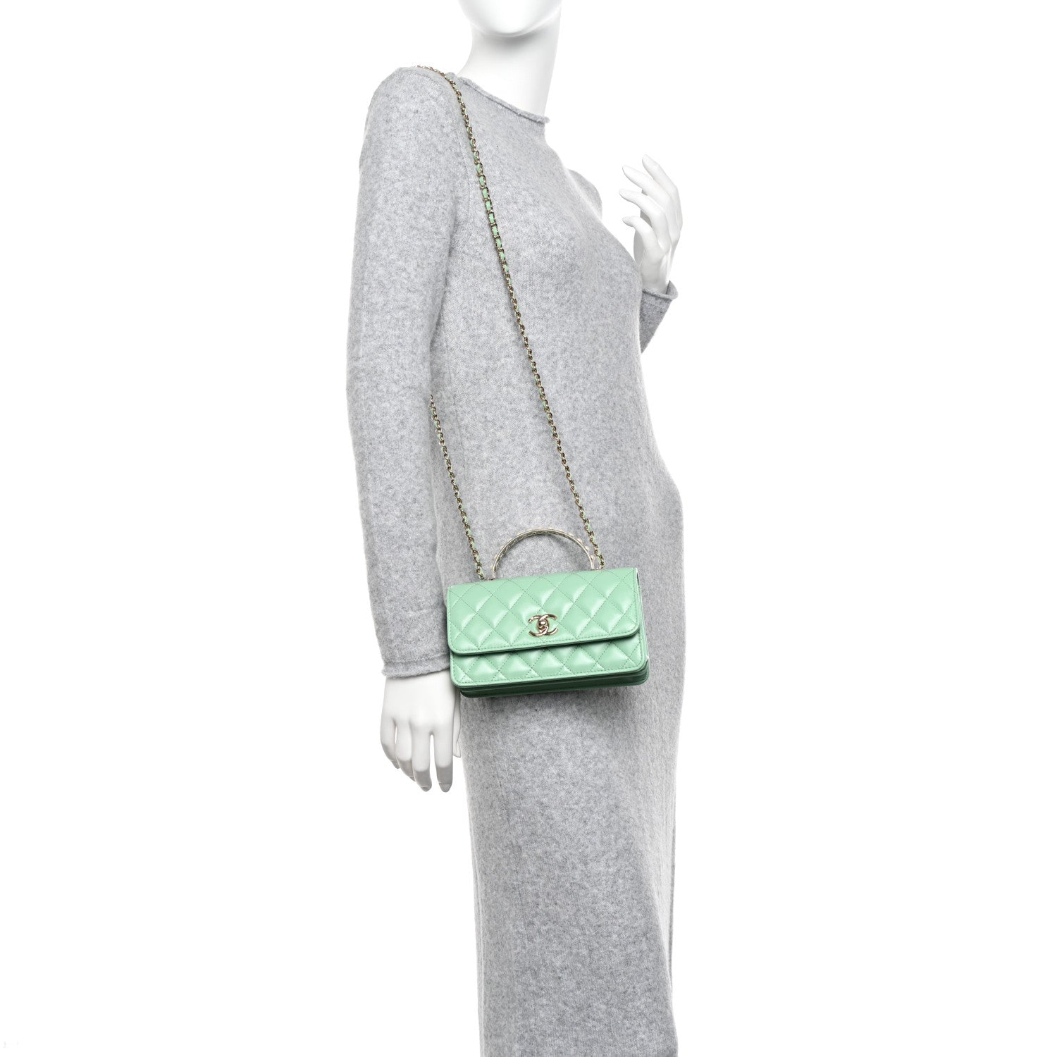 Chanel Lambskin Quilted Pearl Top Handle Clutch With Chain Light Green 2 of 12