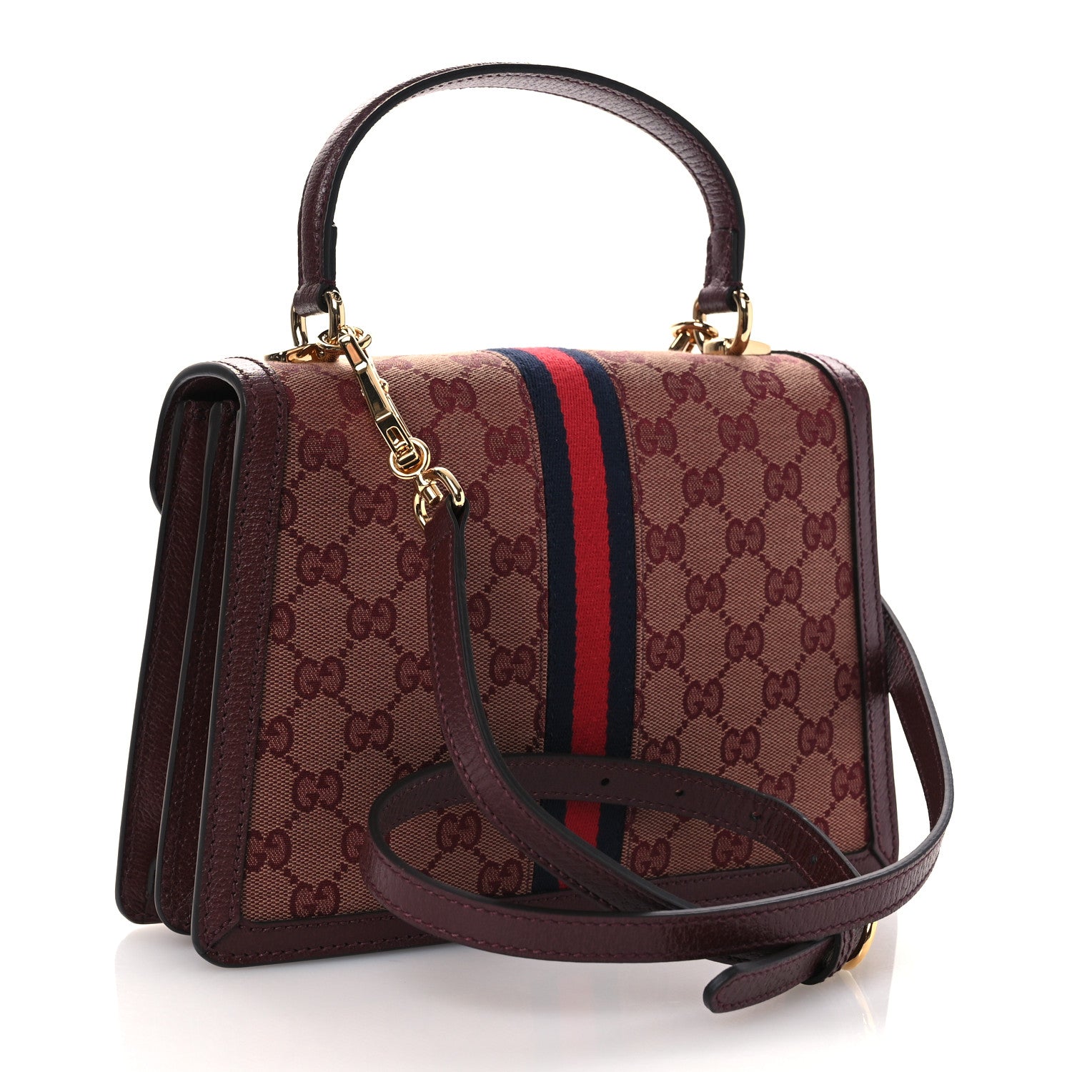 Gucci GG Supreme Monogram Textured Dollar Calfskin Web Small Ophidia Padlock Top Handle Bag Bordeaux 3 of 10