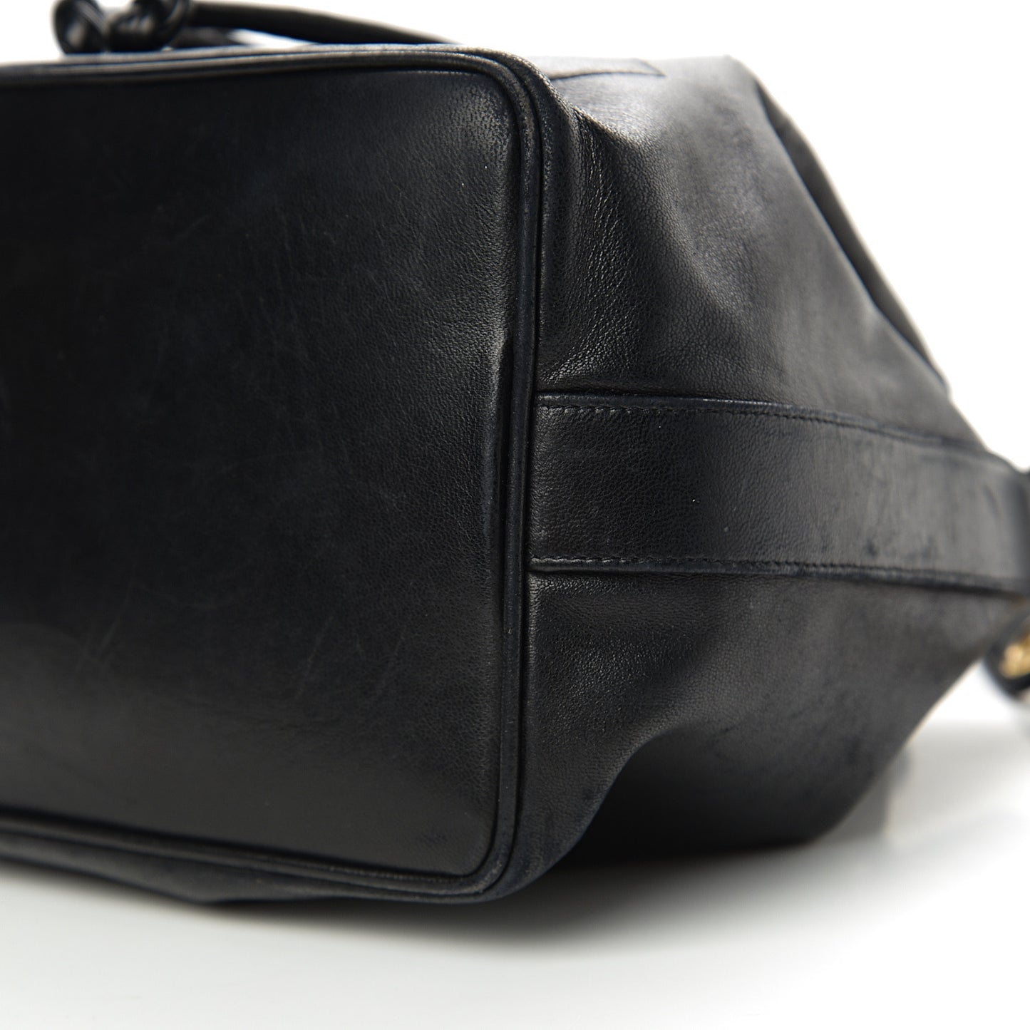 Lambskin CC Stitched Drawstring Bucket Bag Black