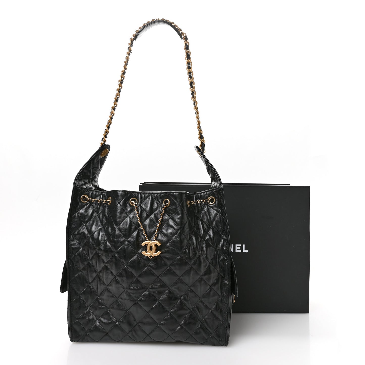 Shiny Crumpled Calfskin Quilted Medium Chanel 25 Handbag  Black