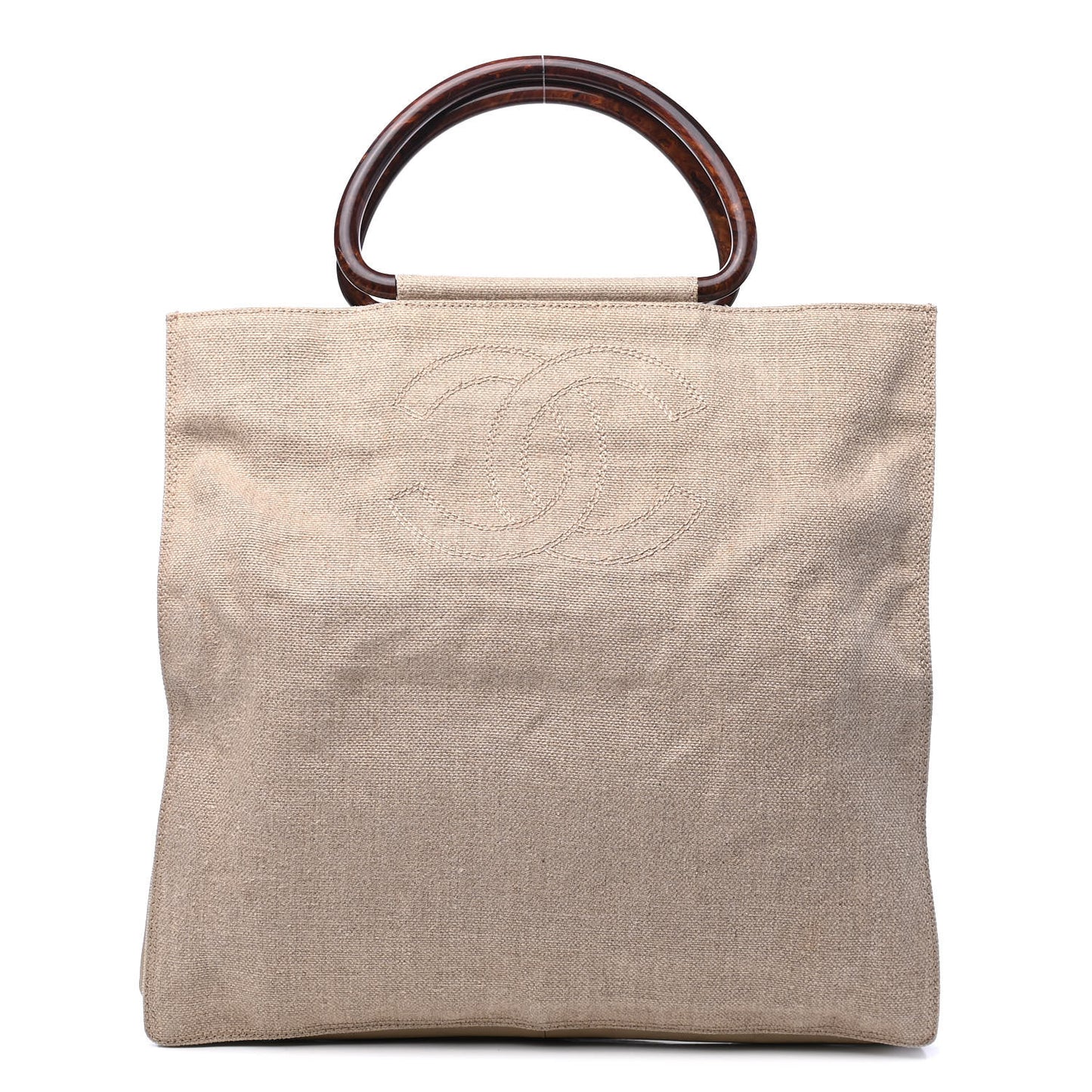 Canvas Calfskin Wooden Handle Bag Beige