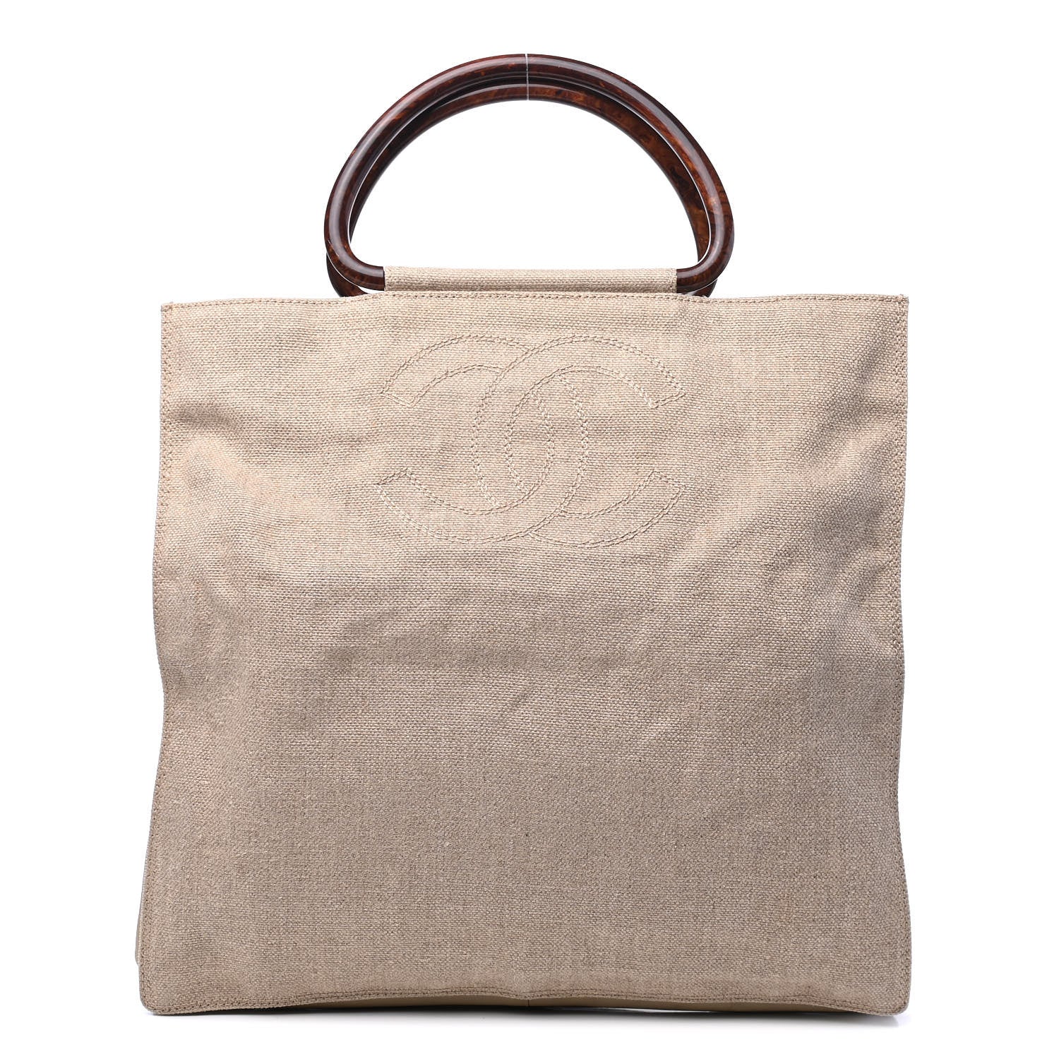 Chanel Canvas Calfskin Wooden Handle Bag Beige 1 of 6
