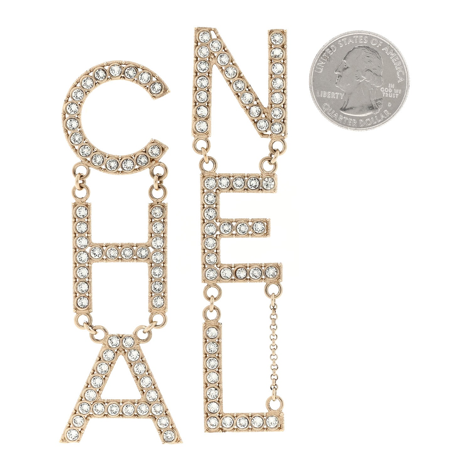 Chanel Crystal Cha-Nel Logo Drop Earrings Gold 2 of 5
