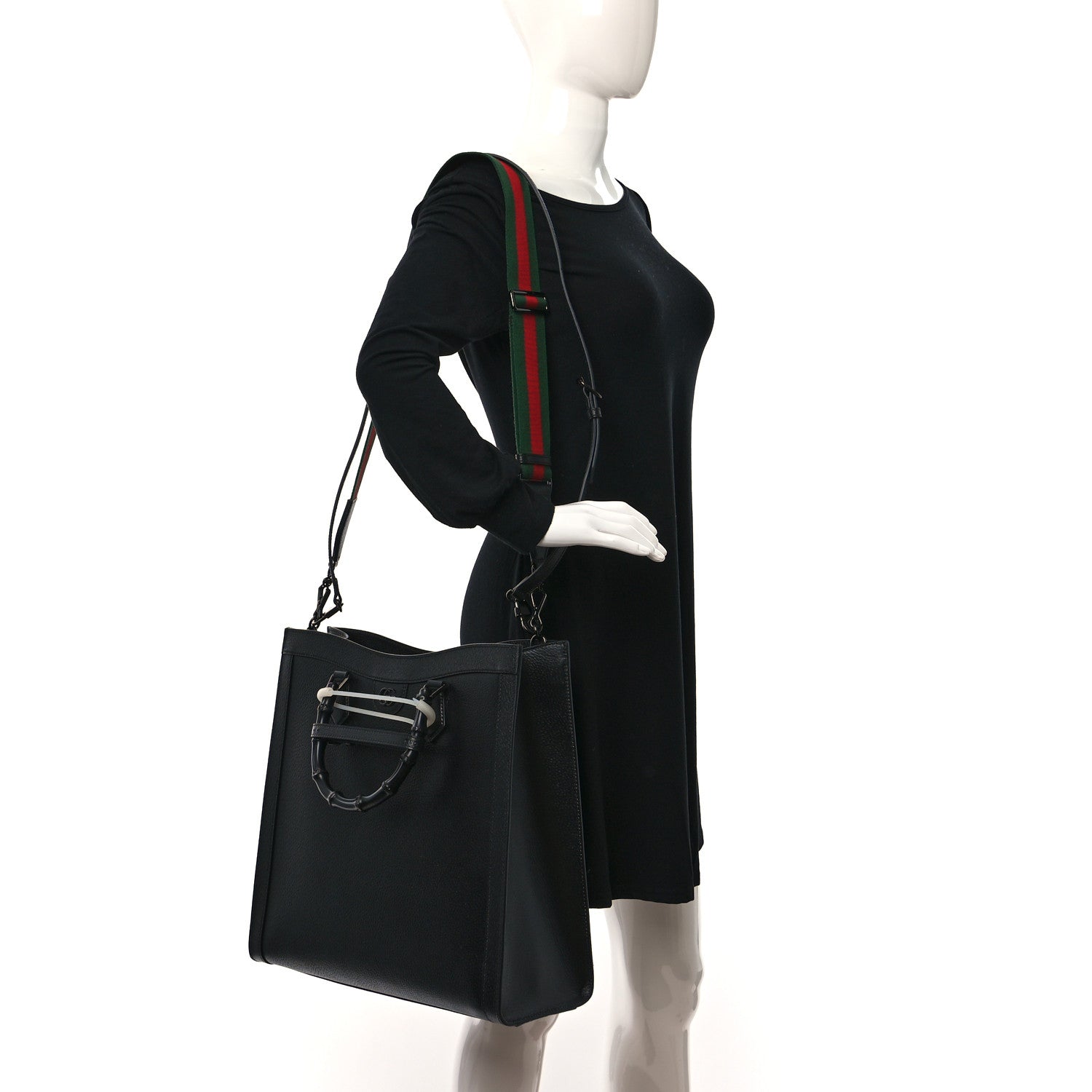 Gucci Textured Dollar Calfskin Web Monochrome Large Diana Tote Bag Black 2 of 11