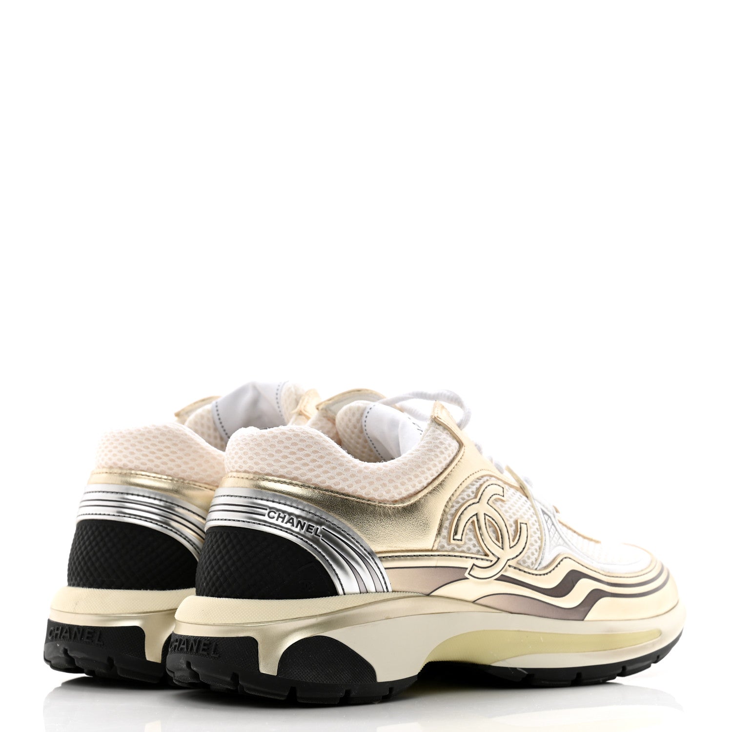 Chanel Fabric Laminated Calfskin Stretch CC Sneakers 39 White Gold Silver 4 of 11