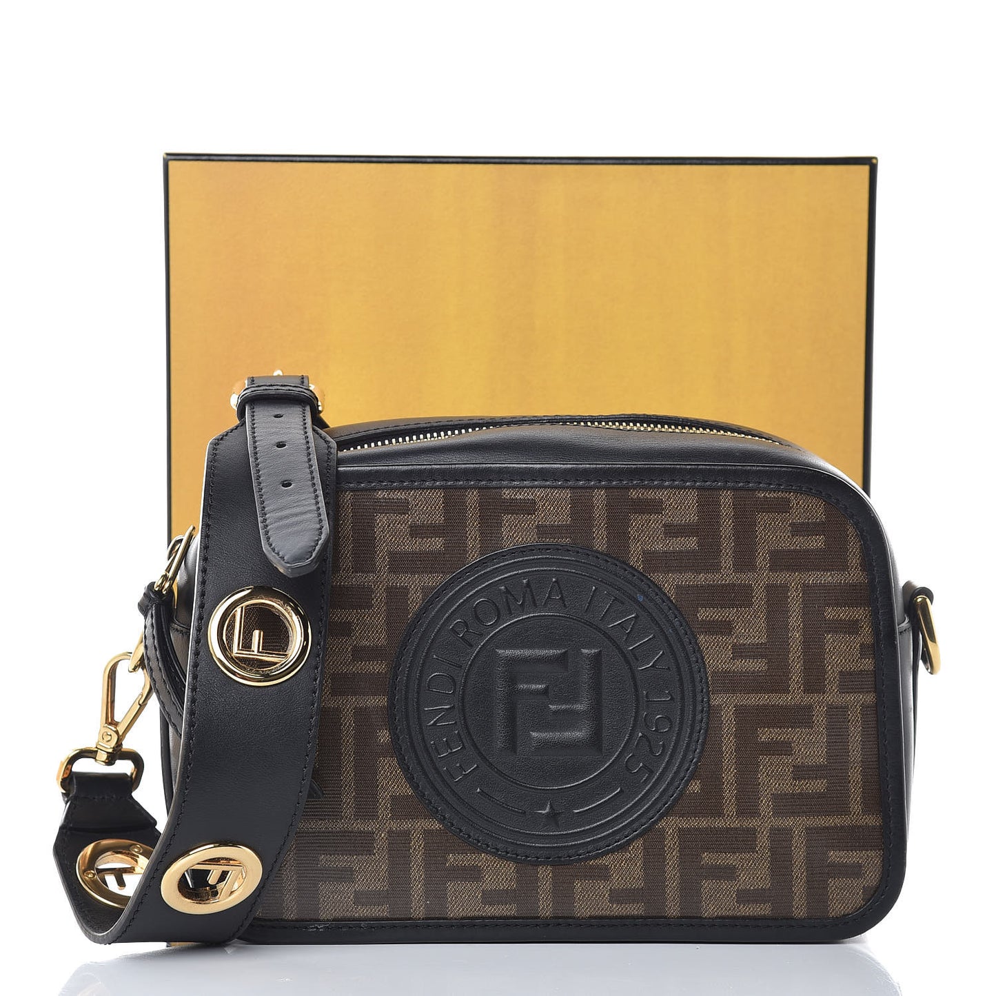 Glazed Fabric Vitello Century F is Fendi FF 1974 Stamp Patch Camera Case Mogano Panna Black