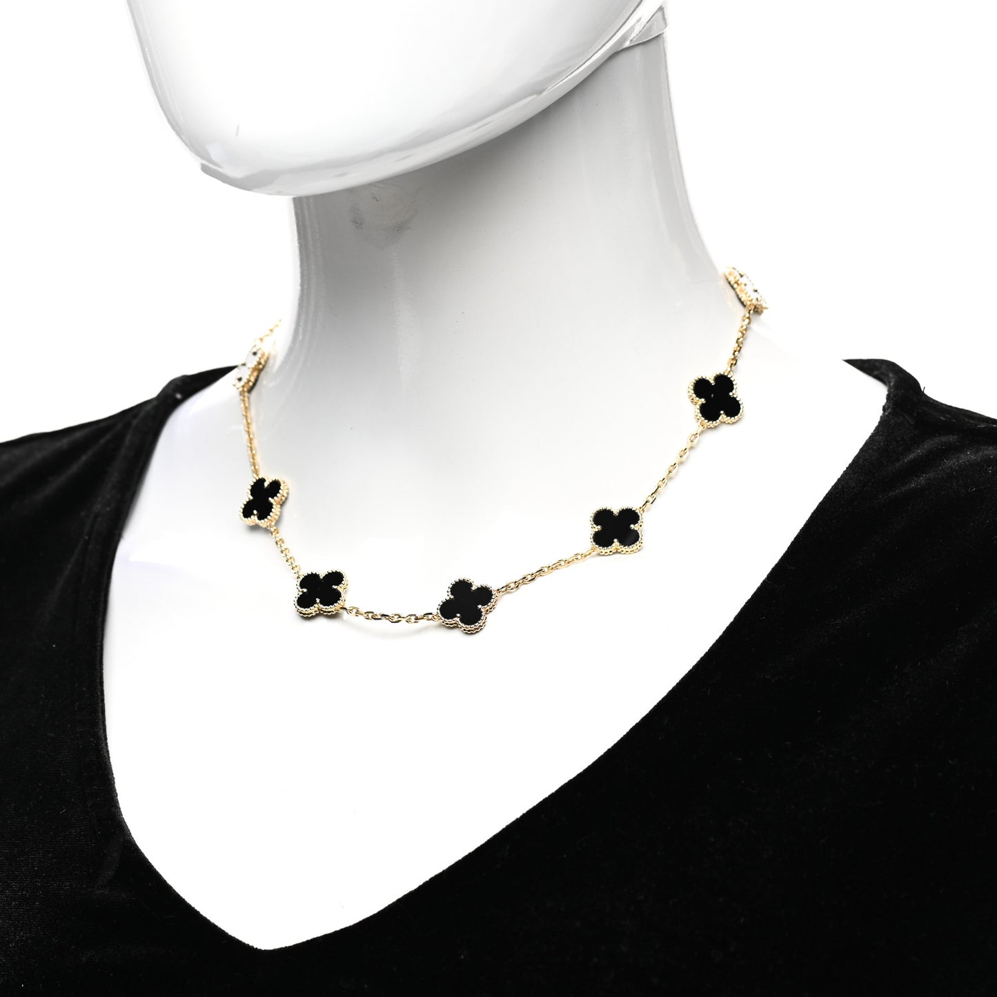 18K Yellow Gold Black Onyx 10 Motifs Vintage Alhambra Necklace